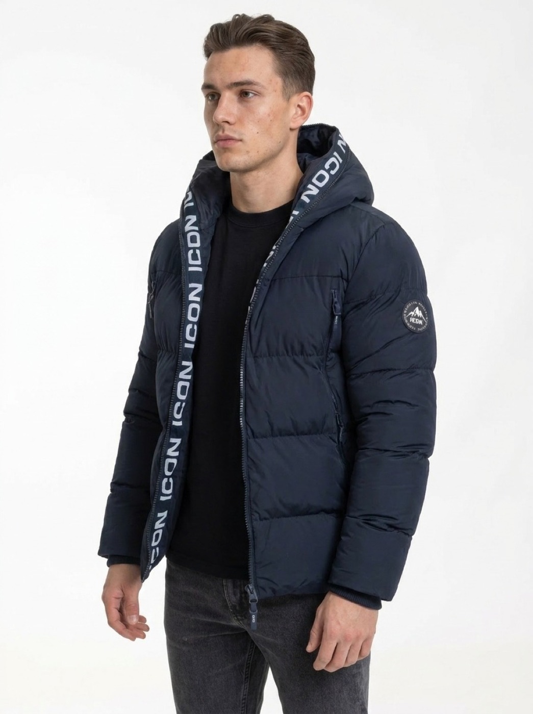Deep navy, taped seams.
