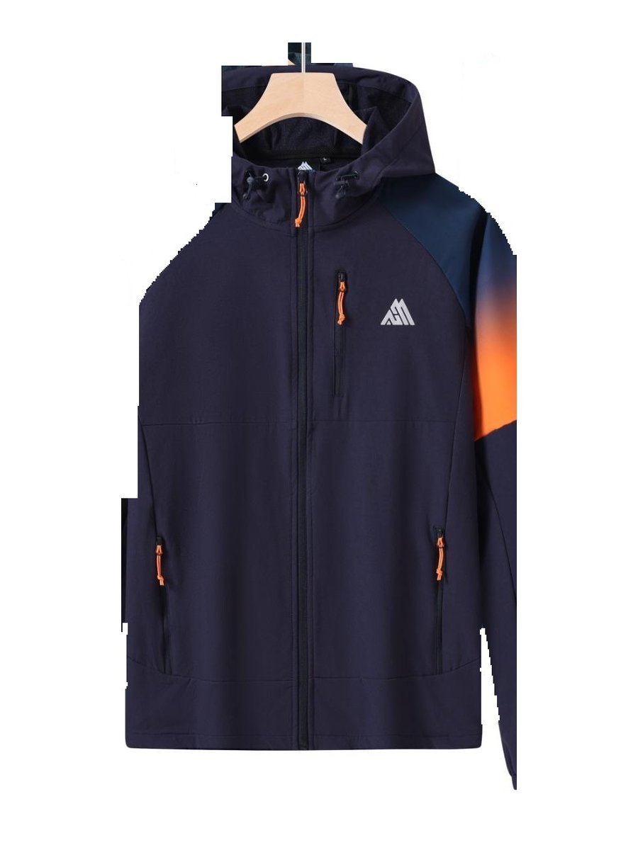 Navy hooded performance jacket with orange colour-block sleeves, on the hanger